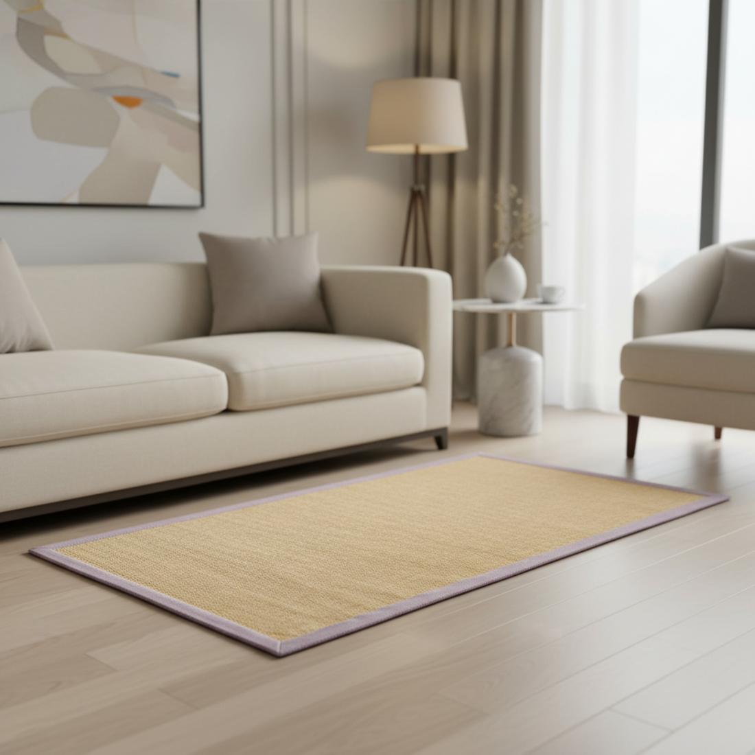 
                      
                        Beige rug on a wooden floor in a living room with a beige sofa and armchair.
                      
                    