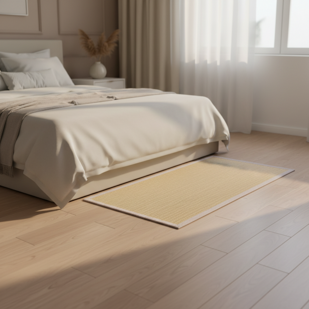 Neatly made bed in a bedroom with a light wooden floor and a window in the background.