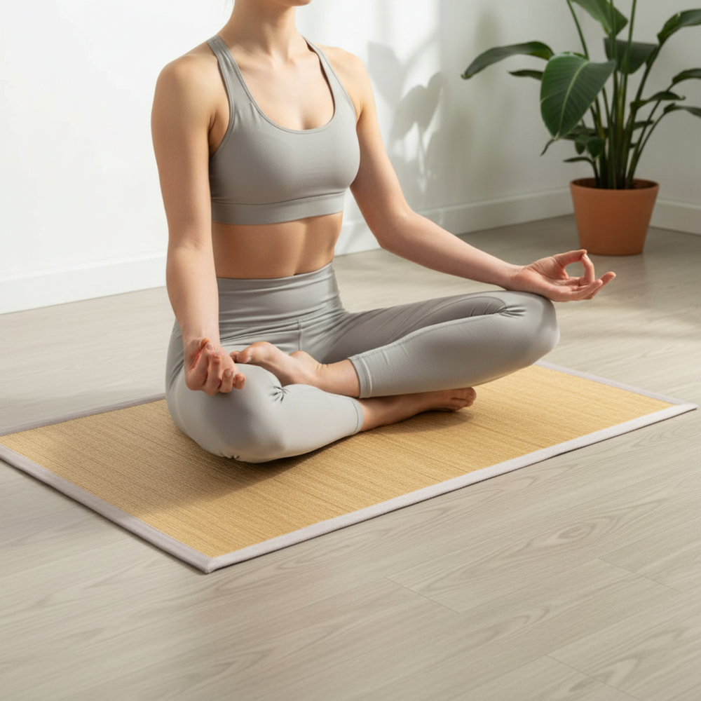 Person practicing yoga on a mat in a home setting with a plant in the background