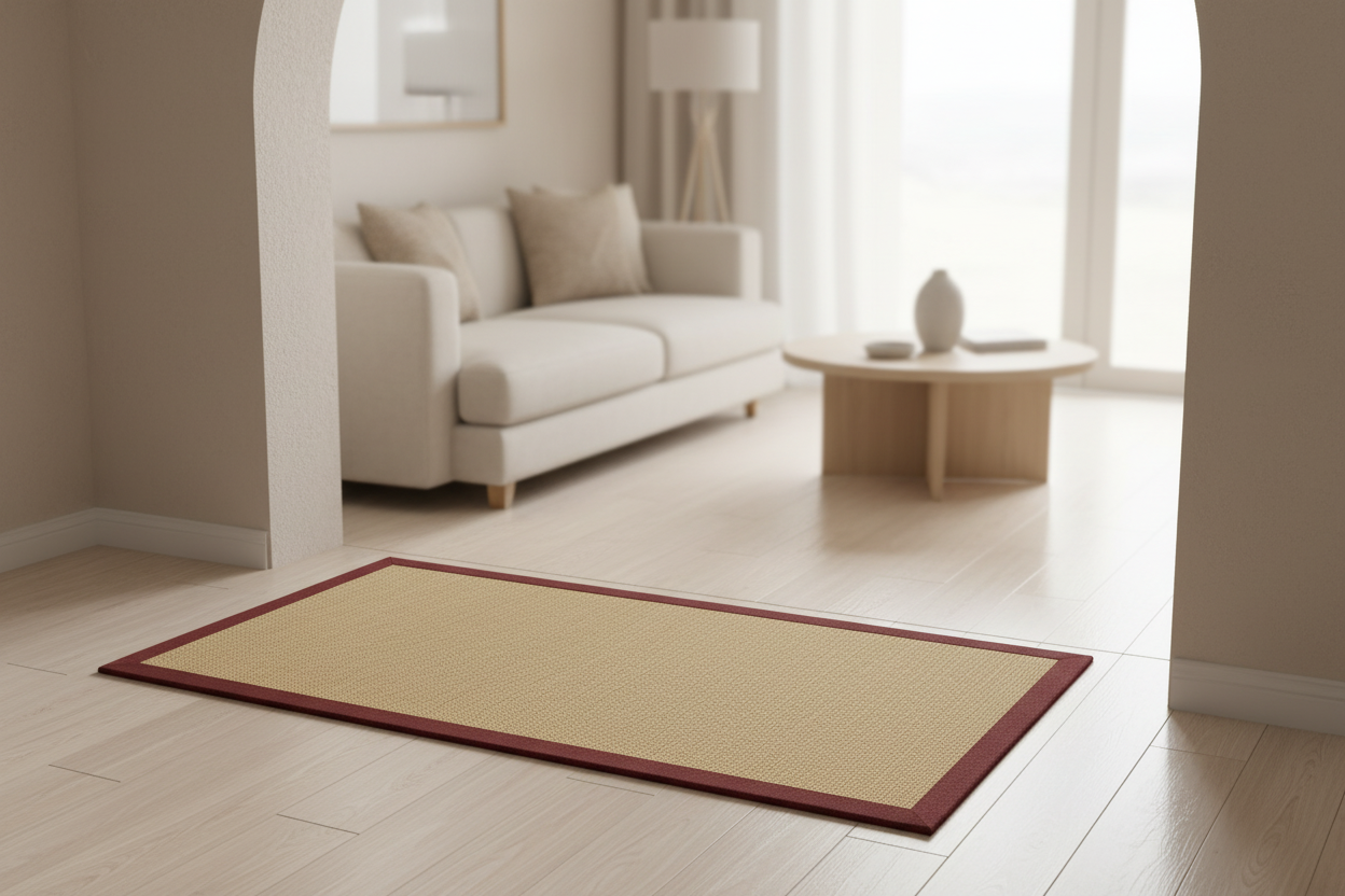 Rectangular doormat with red border on a white background