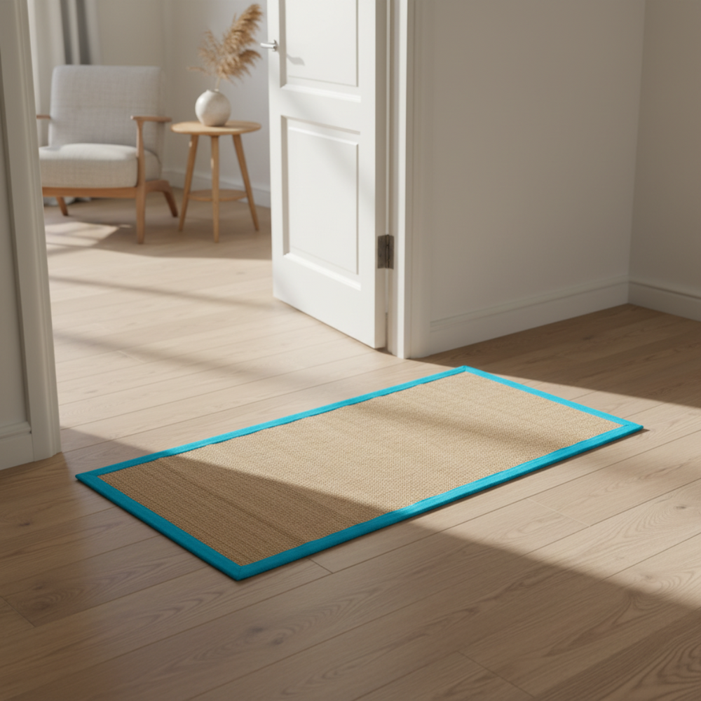 Rectangular mat with blue border on wooden floor in room setting