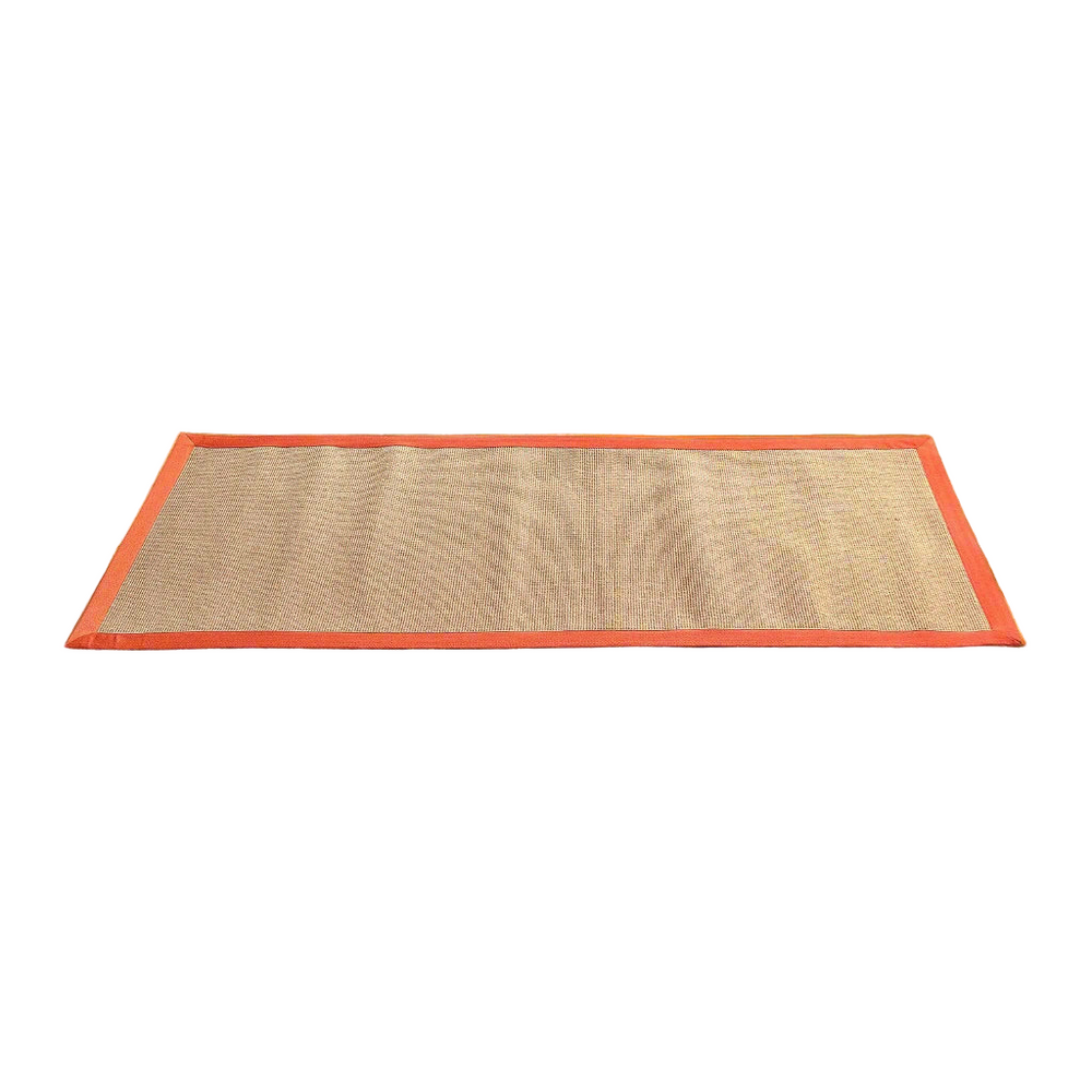 
                      
                        Rectangular jute mat with a natural woven texture and orange border on a white background
                      
                    