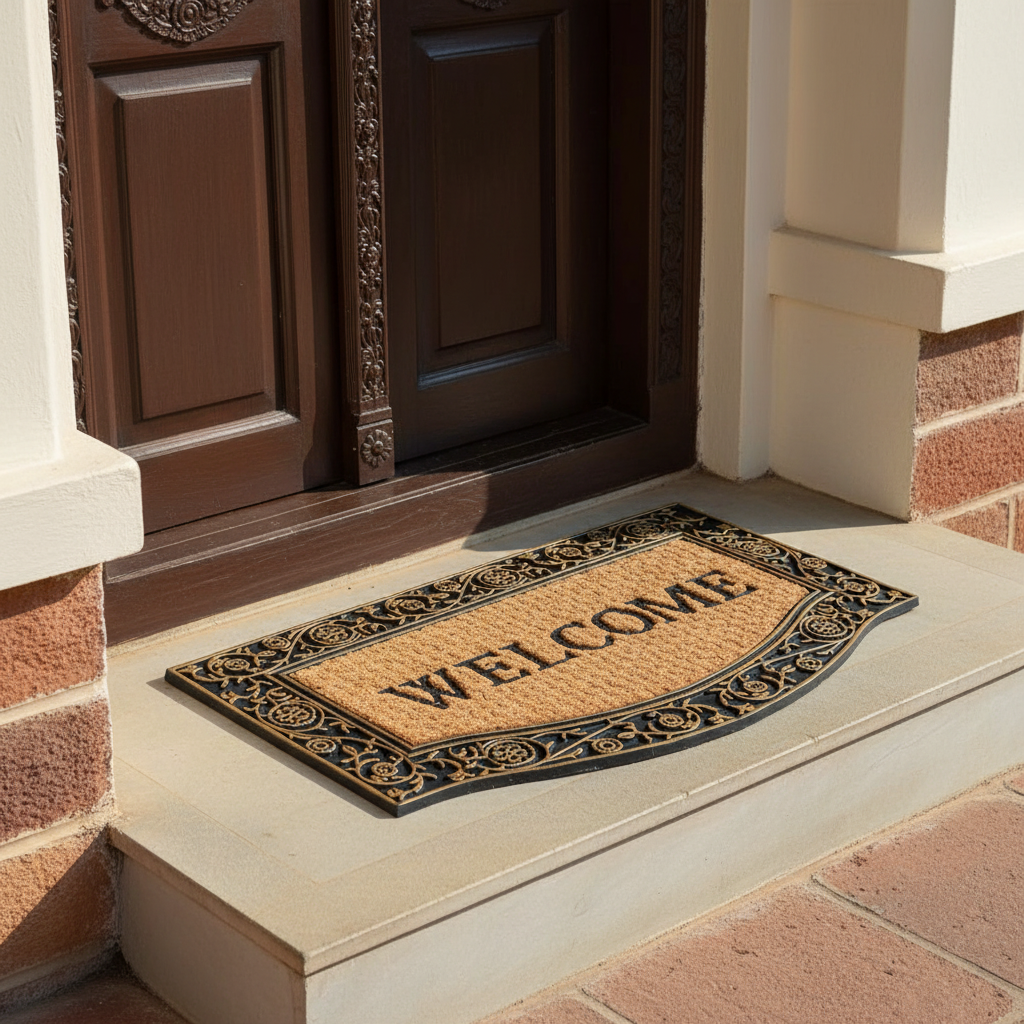 Doormat with 'WELCOME' text on a doorstep
