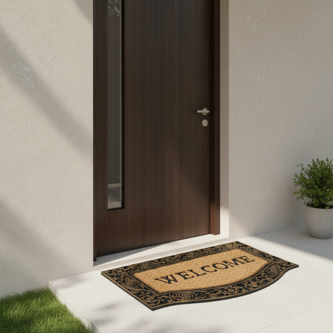
                      
                        Doormat with 'WELCOME' text in front of a wooden door on a light-colored floor.
                      
                    