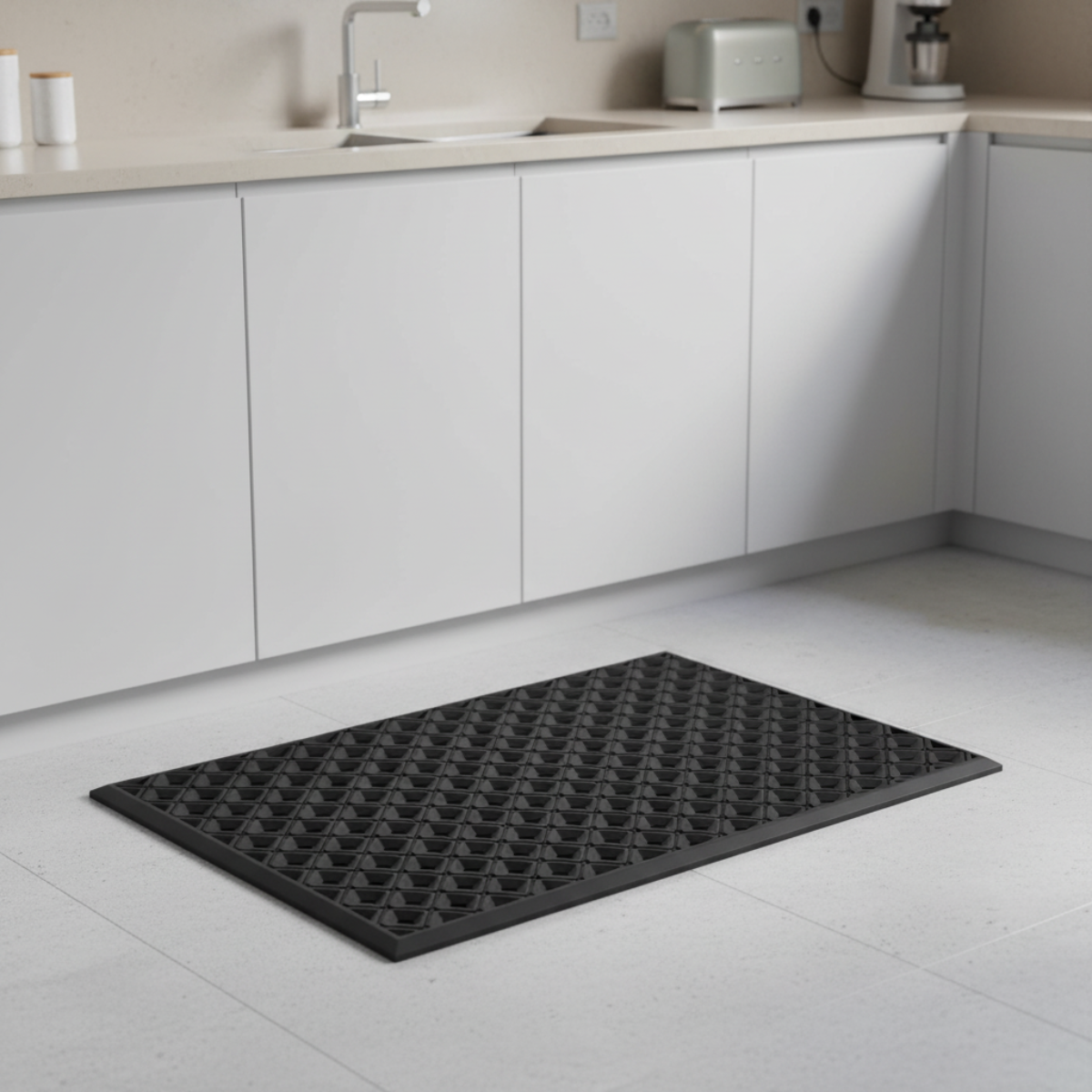 Black mat on a kitchen floor with white cabinets and appliances in the background