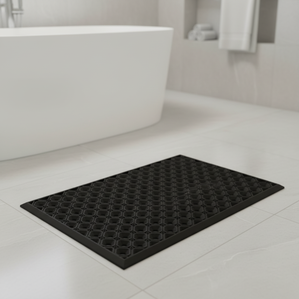 Black textured bath mat on a bathroom floor with a white bathtub in the background.