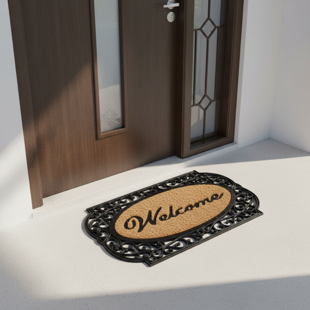 Coco Rubber Doormat with 'Welcome' text in front of a wooden door