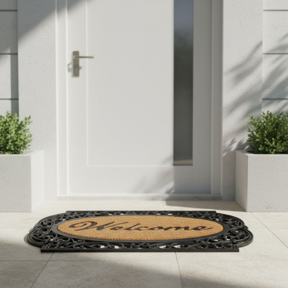 Coco Rubber Doormat with 'Welcome' text in front of a white door.