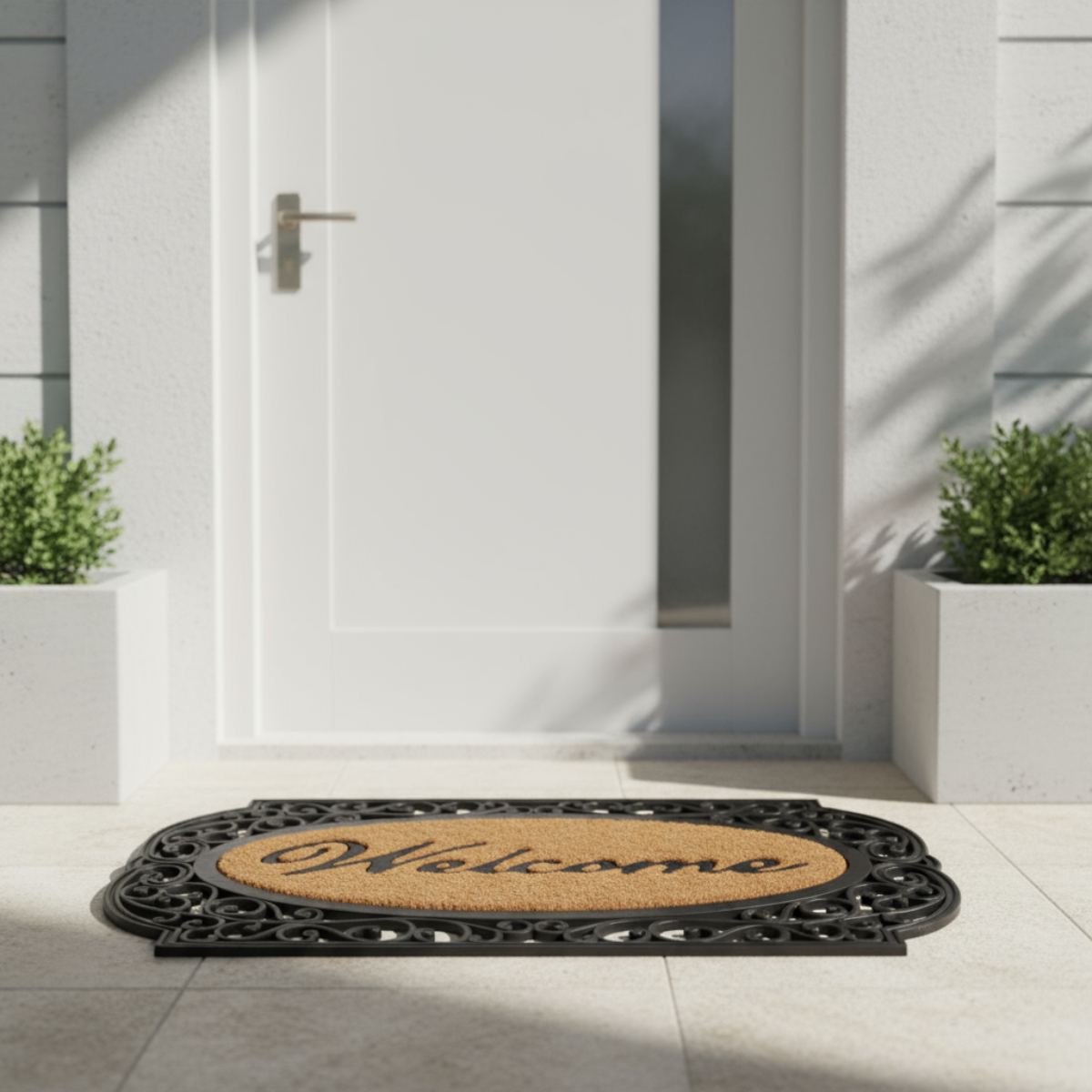 Coco Rubber Doormat with 'Welcome' text in front of a white door.