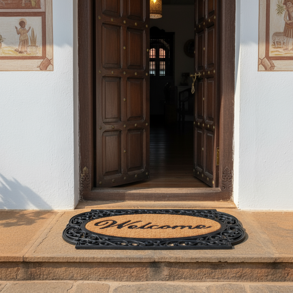 
                      
                        Open wooden door with Coco Rubber 'Welcome' doormat on a stone step
                      
                    