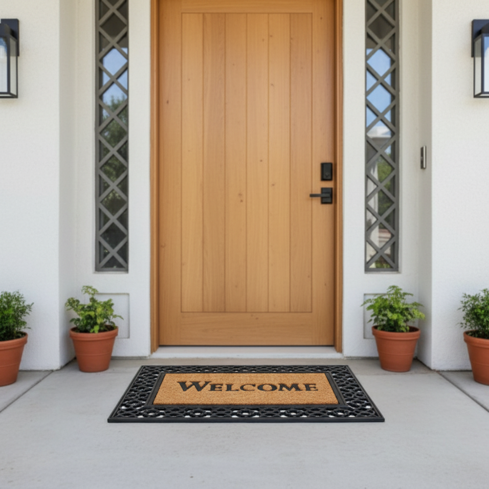 
                      
                        ओनलीमैट ब्लैक कोको रबर वेलकम एंट्रेंस मैट चौड़े बॉर्डर के साथ
                      
                    