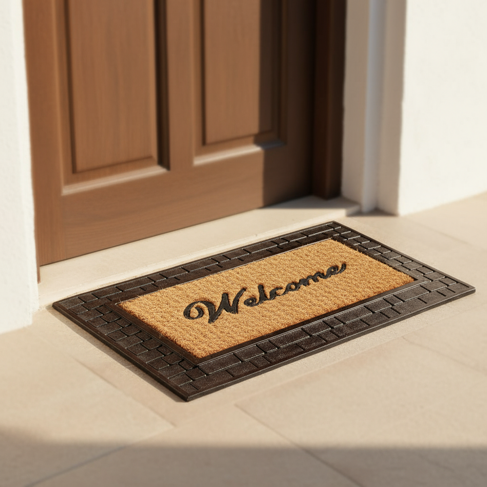 OnlyMat Golden Colour Coco Rubber Welcome Entrance Door Mat with Wide Brick Design Border