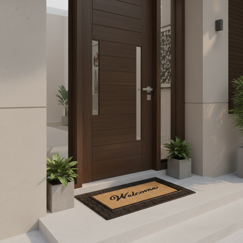 OnlyMat Golden Colour Coco Rubber Welcome Entrance Door Mat with Wide Brick Design Border