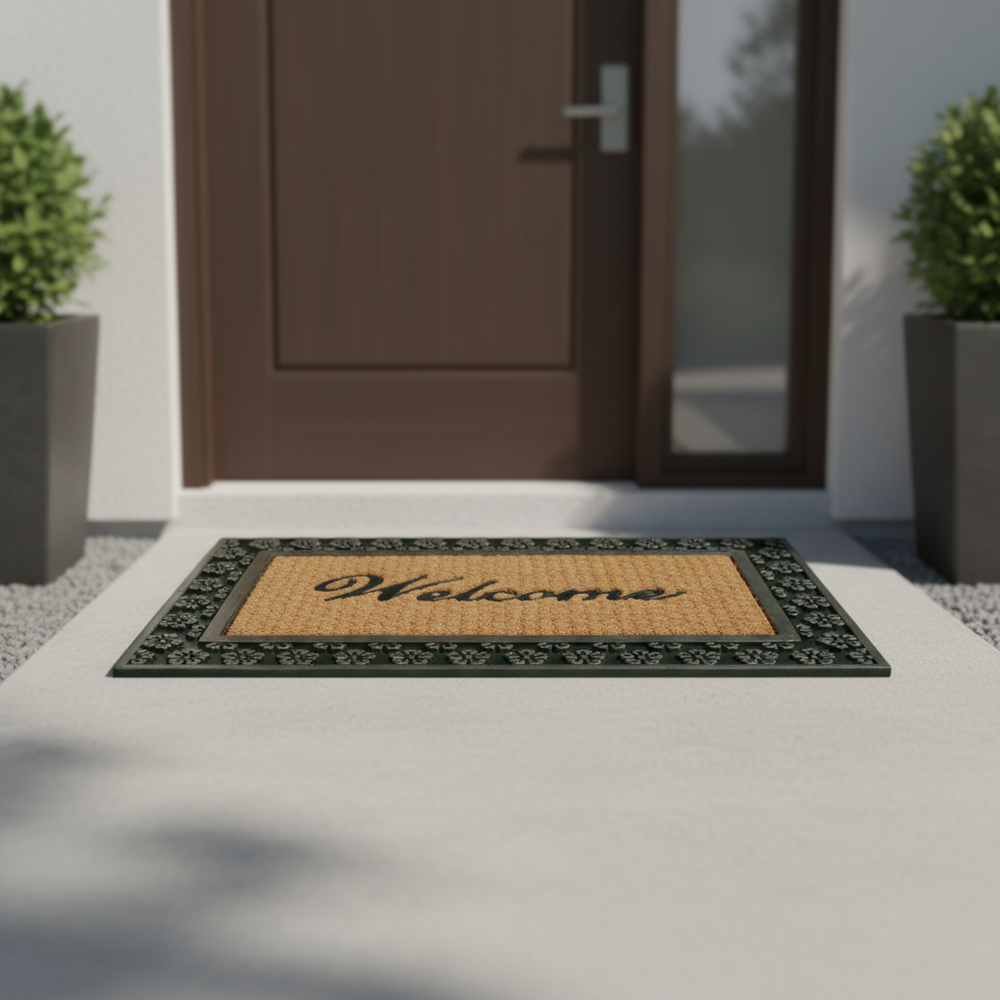 ओनलीमैट वेलकम एंट्रेंस डोर मैट विद मेटैलिक फ्लावर डिज़ाइन बॉर्डर