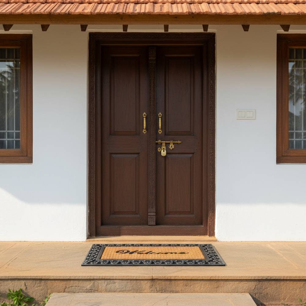 ओनलीमैट वेलकम एंट्रेंस डोर मैट विद मेटैलिक फ्लावर डिज़ाइन बॉर्डर