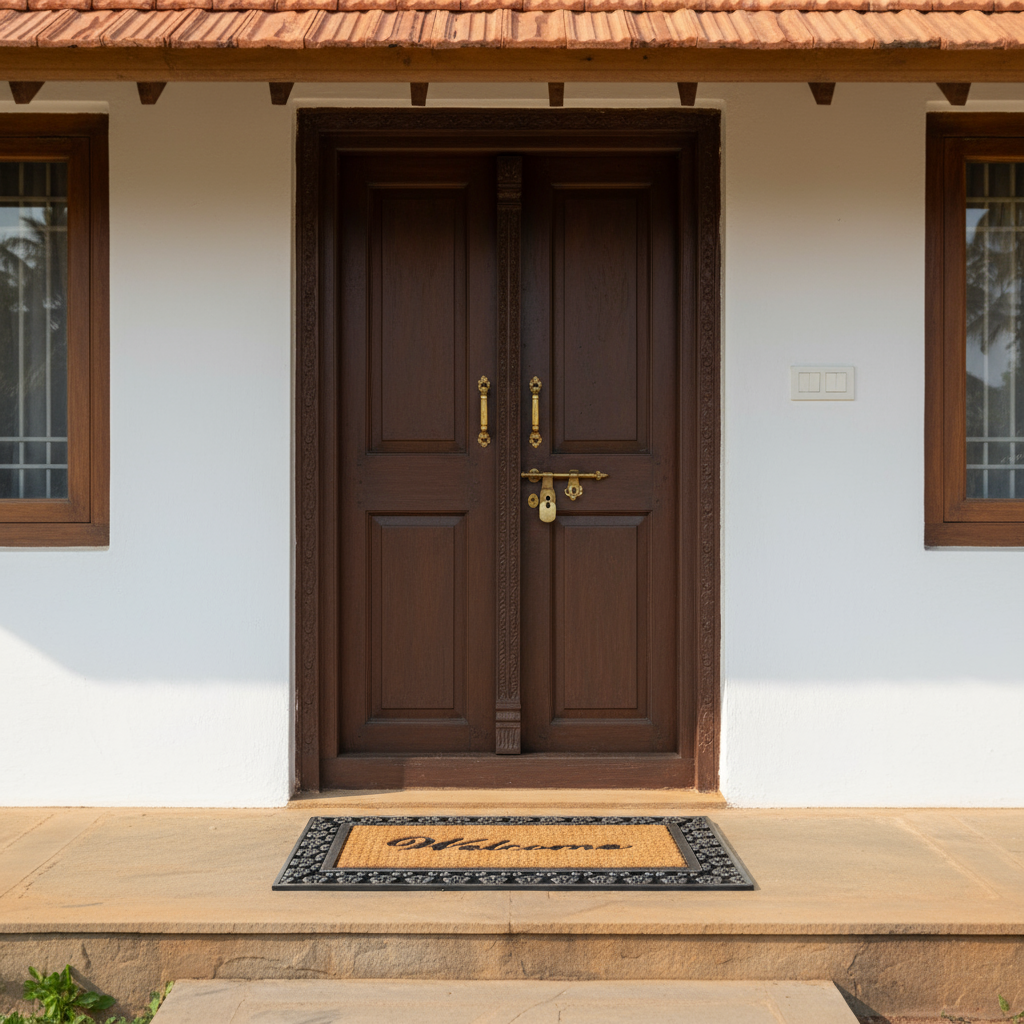 ओनलीमैट वेलकम एंट्रेंस डोर मैट विद मेटैलिक फ्लावर डिज़ाइन बॉर्डर