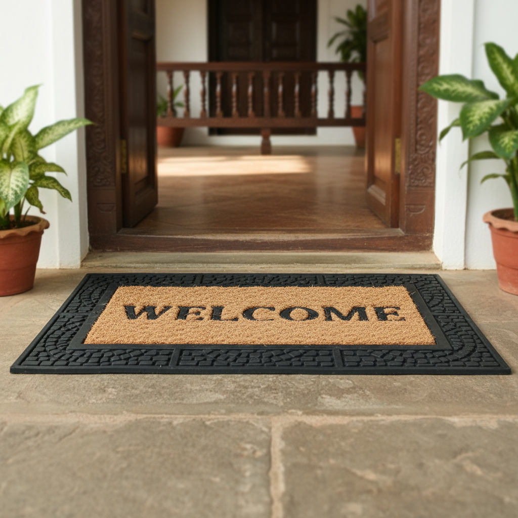 OnlyMat Elegant "Welcome" printed Natural Coir Door Mat with Moulded Black Border
