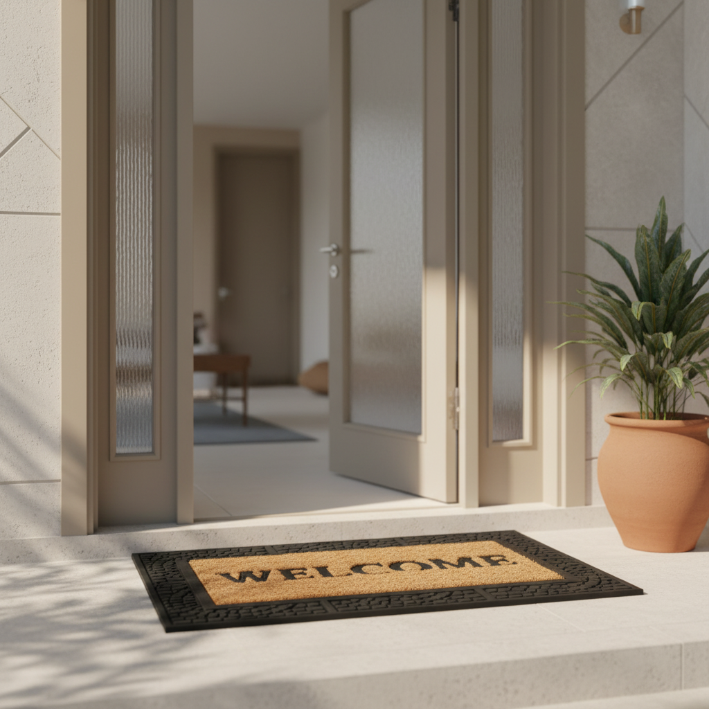 OnlyMat Elegant "Welcome" printed Natural Coir Door Mat with Moulded Black Border