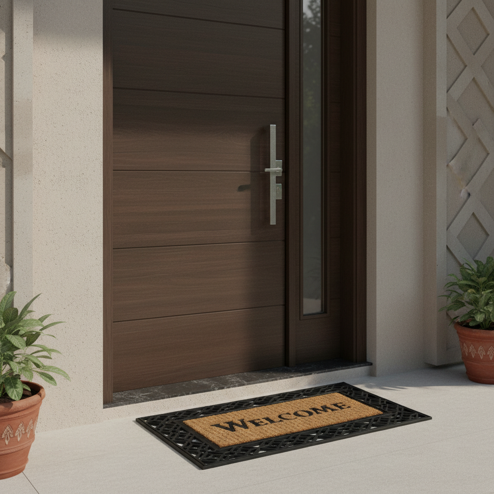 Modern wooden door with a Coco Rubber 'Welcome' doormat on a light-colored pavement.