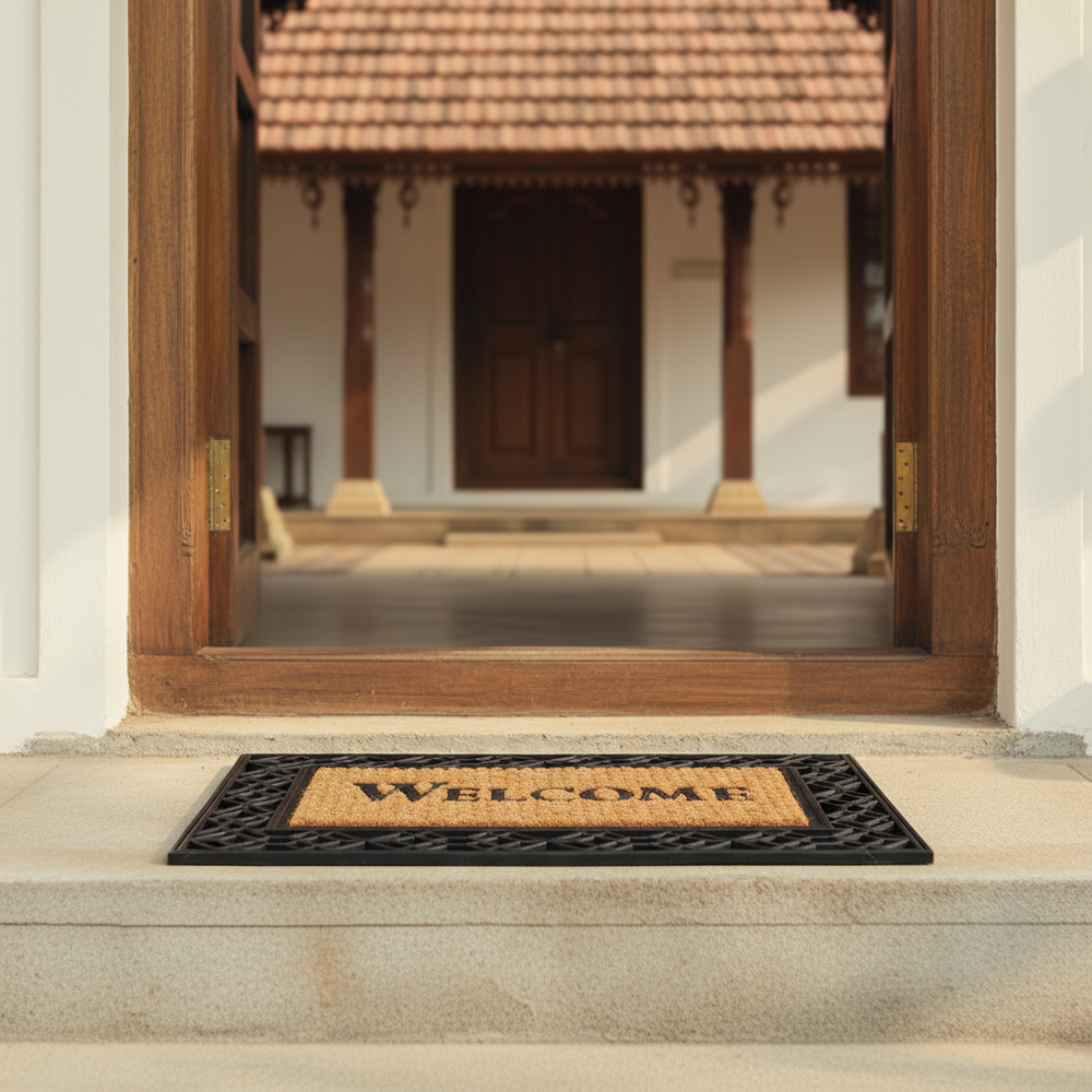Wooden door frame with a Coco Rubber 'Welcome' doormat on a stone step