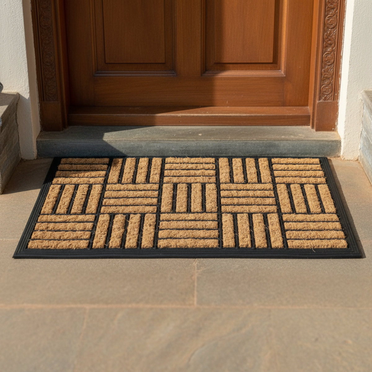 Coco Rubber Doormat with geometric pattern in front of a wooden door