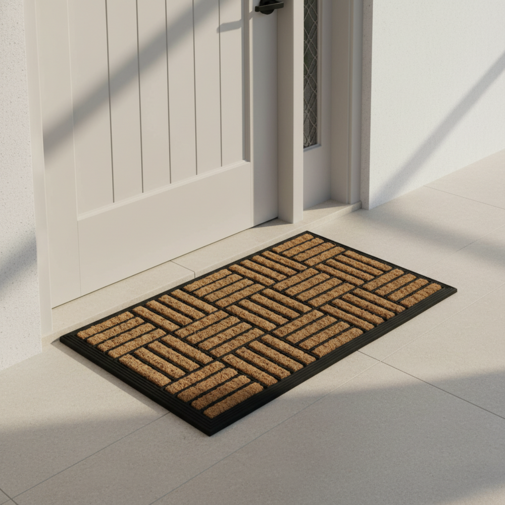 
                      
                        Coco Rubber Doormat with geometric pattern on a tiled floor in front of a white door.
                      
                    