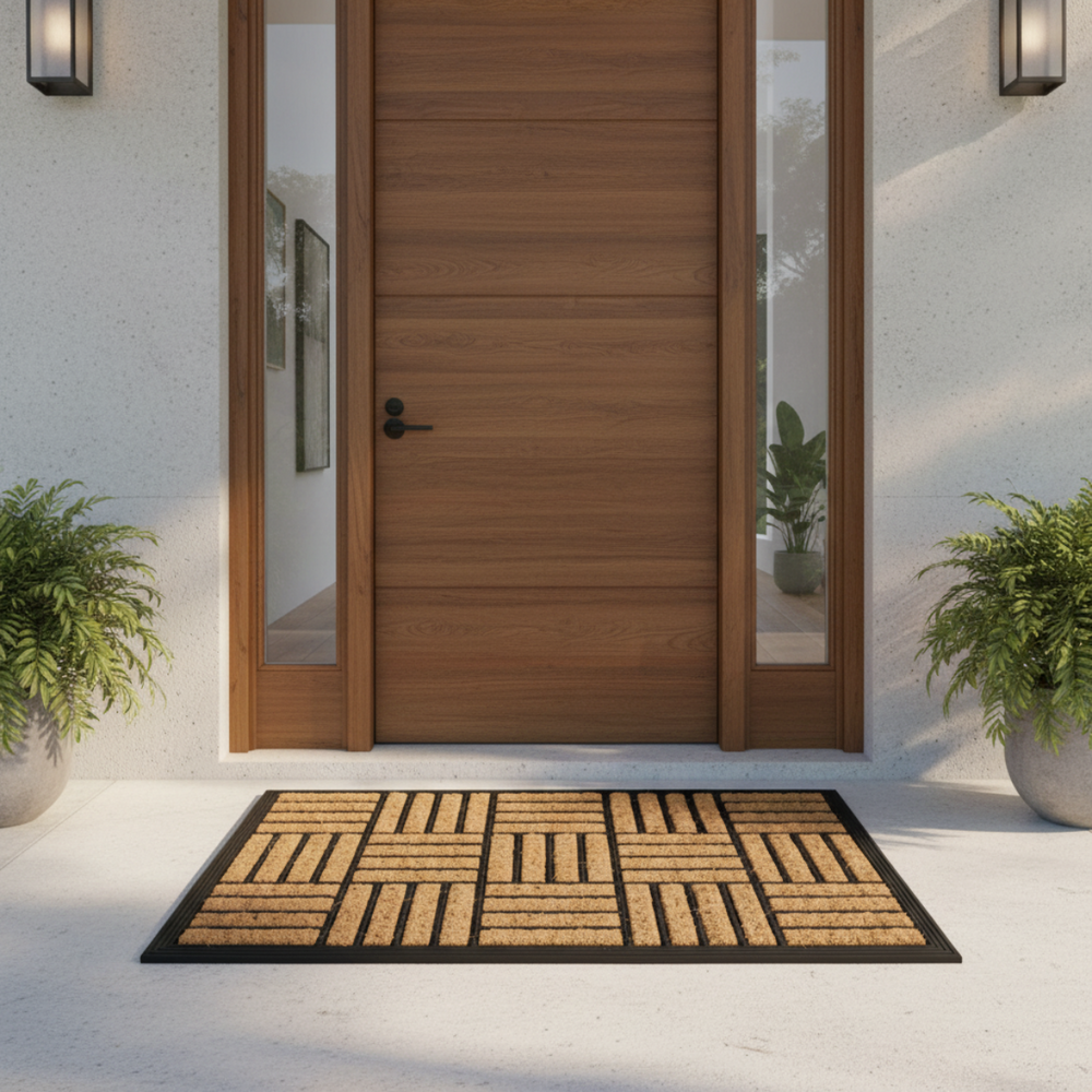 Wooden door with a geometric coco rubber doormat in front on a white pavement.