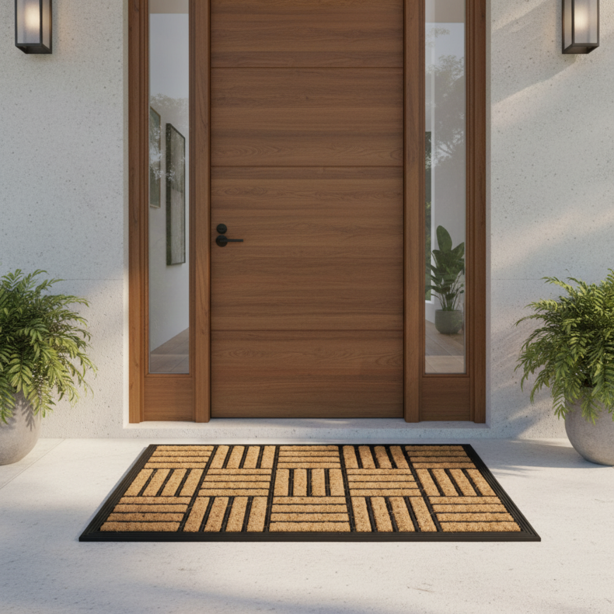 Wooden door with a geometric coco rubber doormat in front on a white pavement.