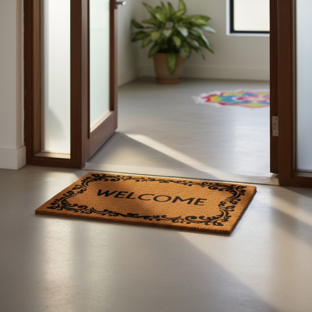 Welcome coir doormat in front of a door with a plant in the background
