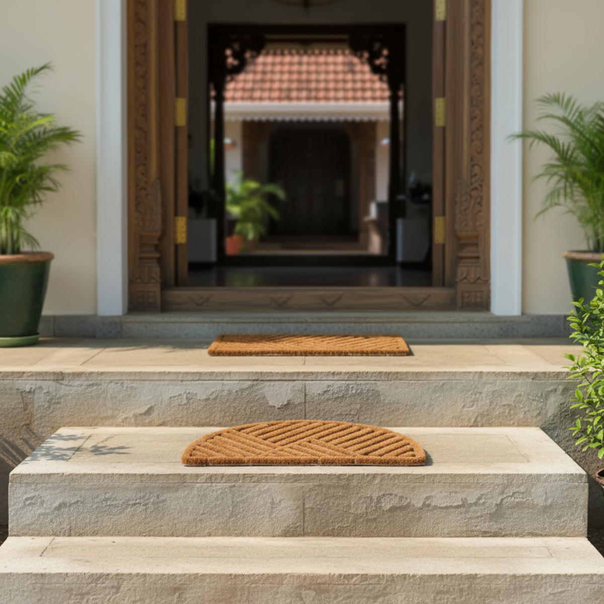 Doormats on stone steps leading to a house entrance with decorative wooden door frame.