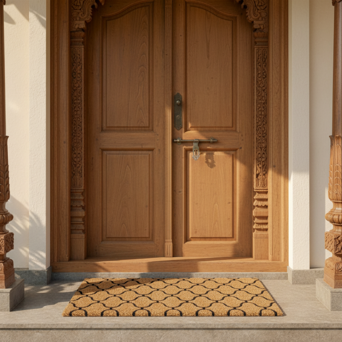 Wooden door with decorative carvings and a coir doormat on a porch.