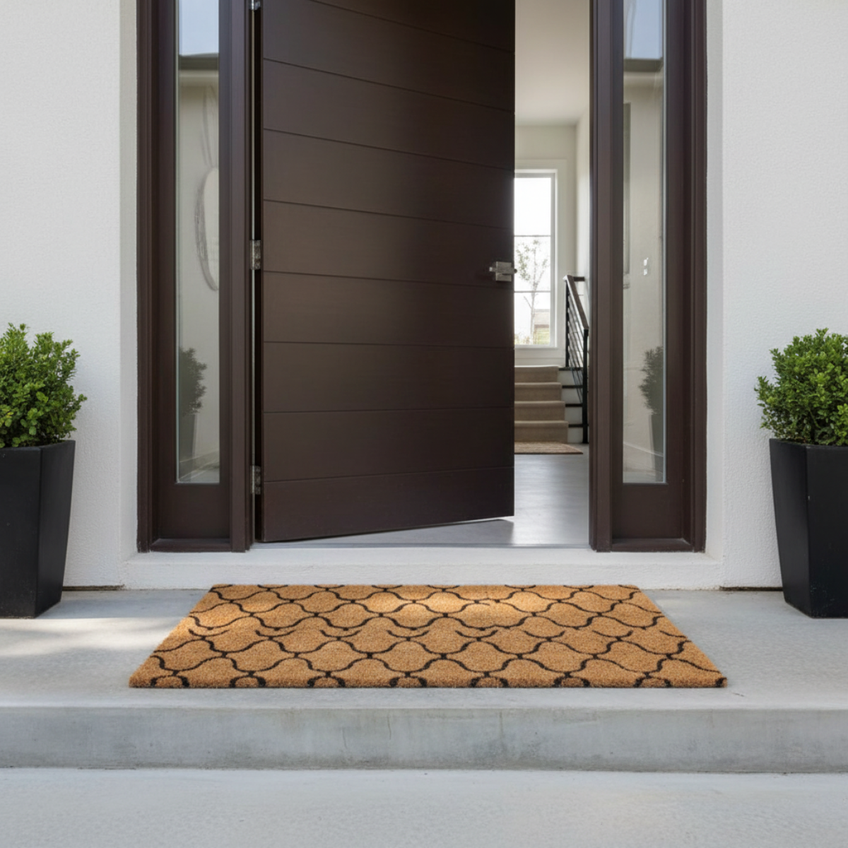 Modern front door with a coir doormat and potted plants on a bright day.
