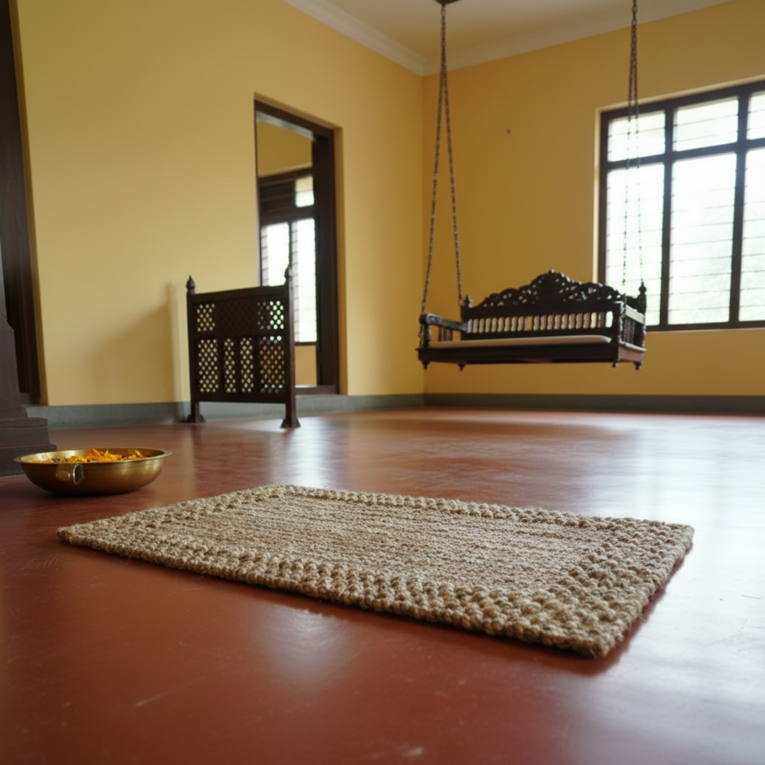 
                      
                        Room with wooden floor, rug, and traditional swing.
                      
                    