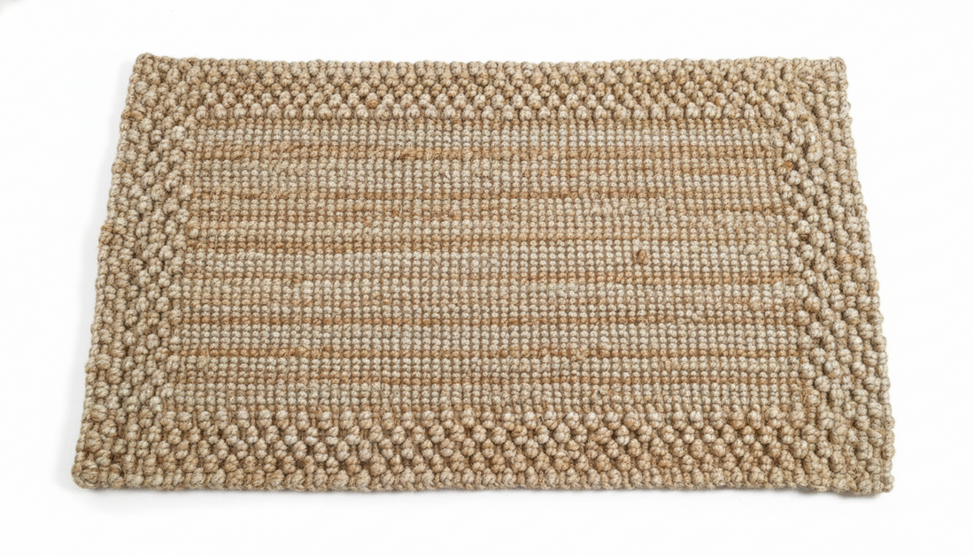 
                      
                        Woven jute mat with a textured pattern on a white background
                      
                    