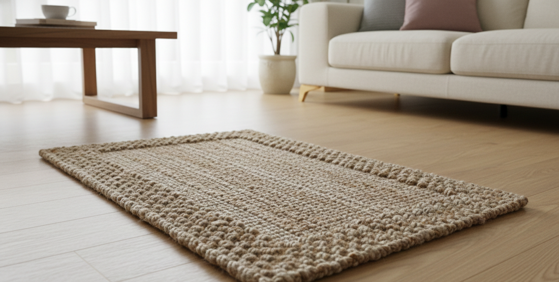 
                      
                        Beige woven rug on a wooden floor in a living room setting with a sofa and coffee table.
                      
                    