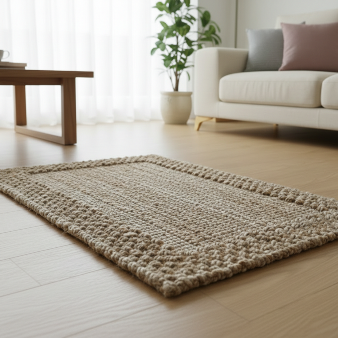
                      
                        Beige jute rug on a wooden floor in a living room with a couch and plant.
                      
                    