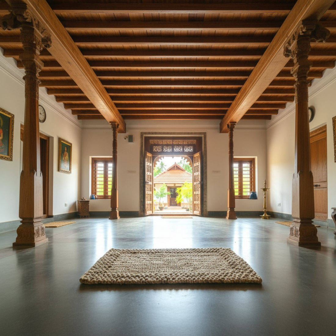 
                      
                        Large room with wooden beams, a rug on the floor, and open doors leading to another room.
                      
                    