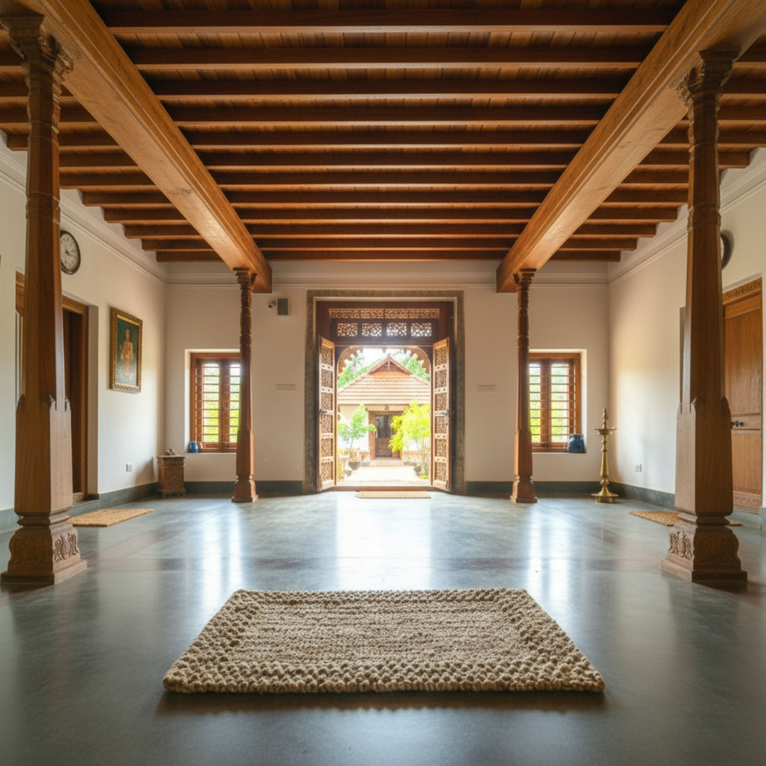 Large open room with wooden beams, a jute rug on the floor, and an open door.