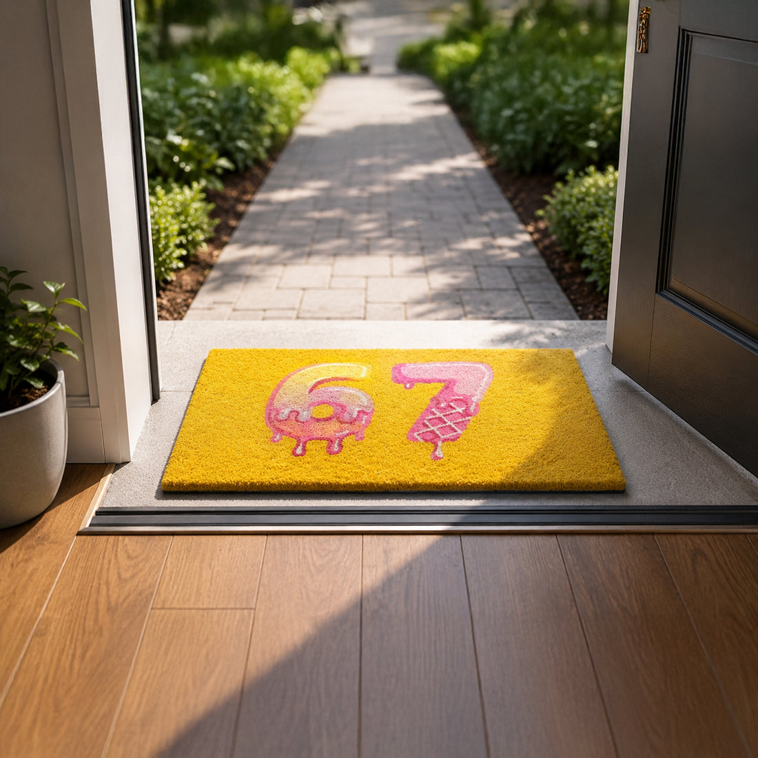 A yellow rectangular doormat with the numbers 6 and 7 in a pink dripping ice cream design, placed at the threshold of a home with a paved pathway and greenery in the background.