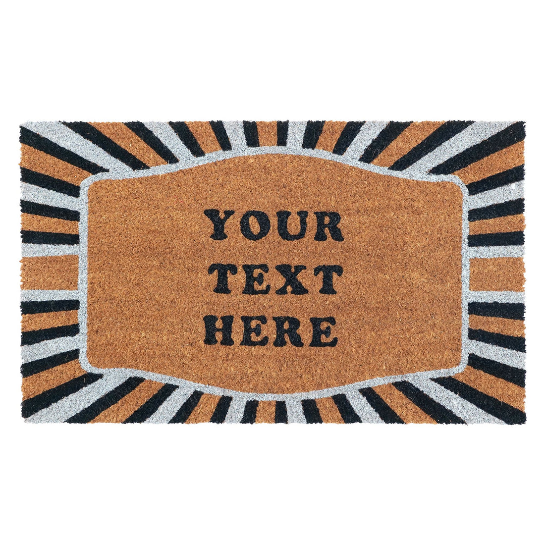 Customizable Coir Doormat with Personalized Text and Decorative Sunburst Border