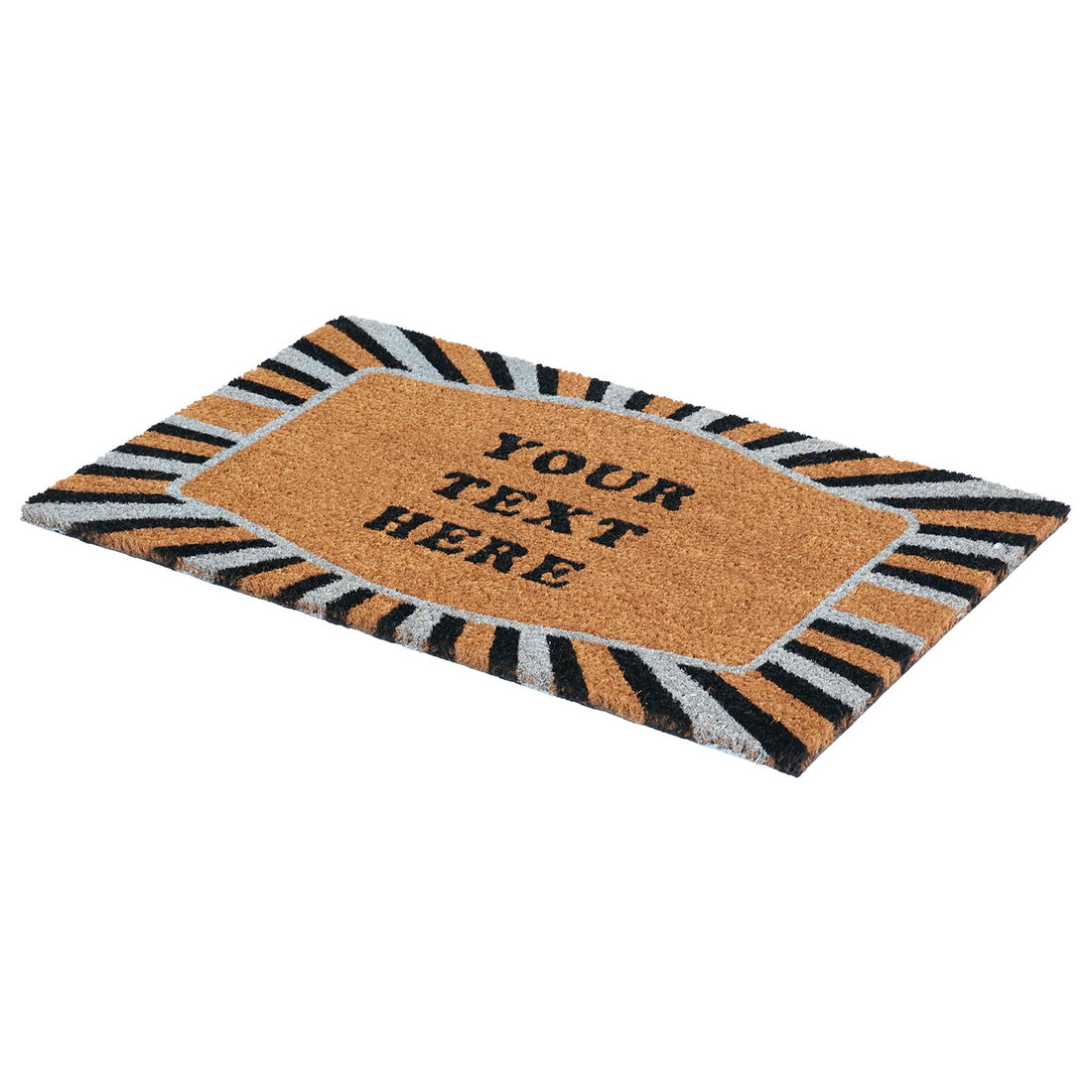 
                      
                        Customizable Coir Doormat with Personalized Text and Decorative Sunburst Border
                      
                    