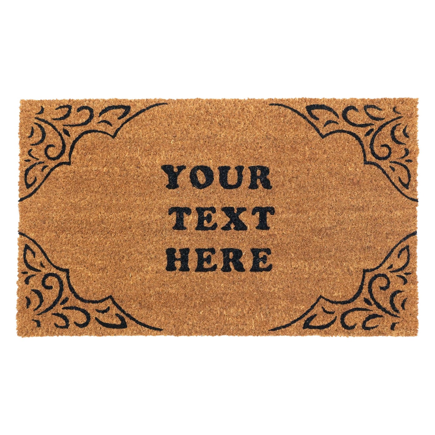Custom text coir doormat with floral border details, perfect for entryways