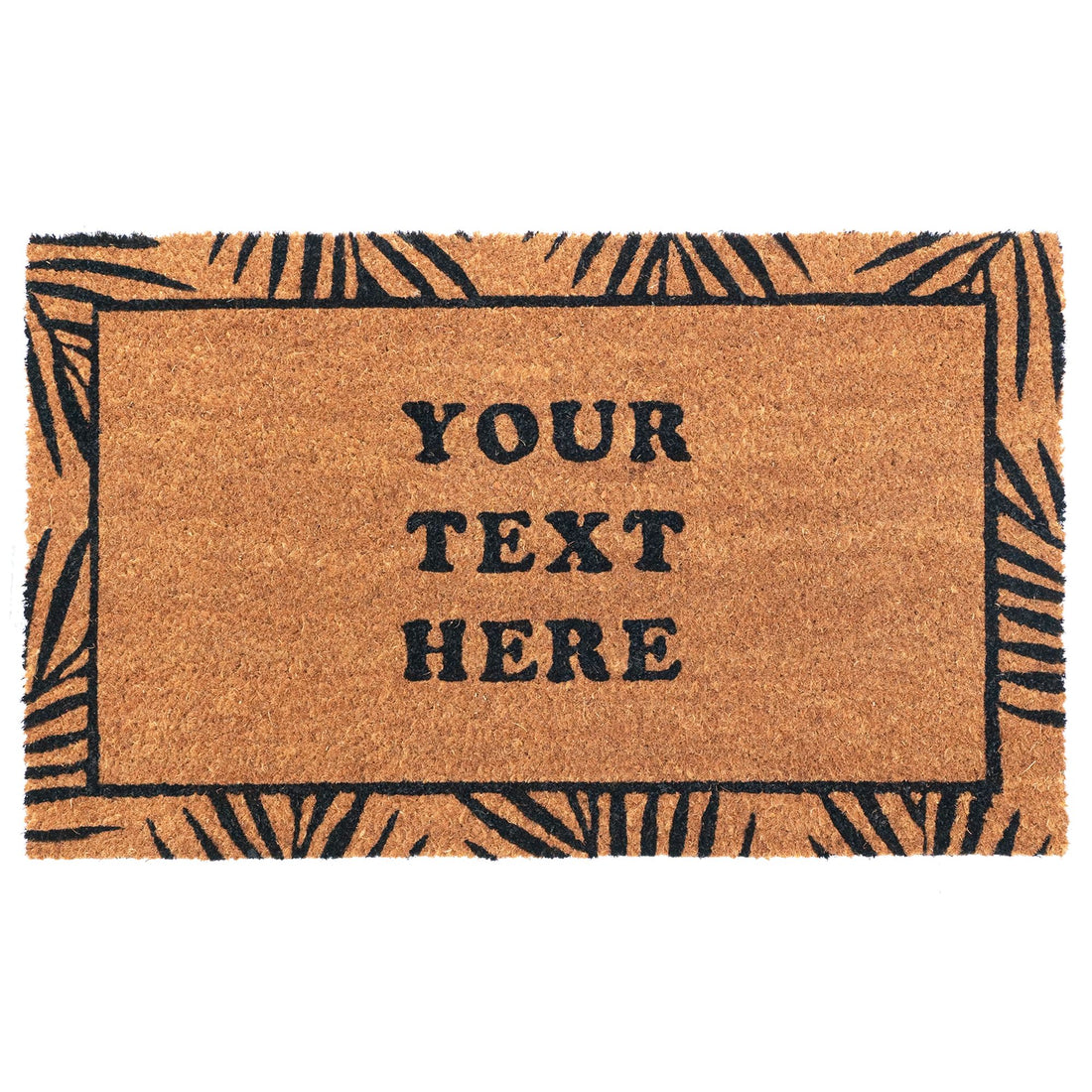 Personalized text doormat with natural coir fibers and leaf design border