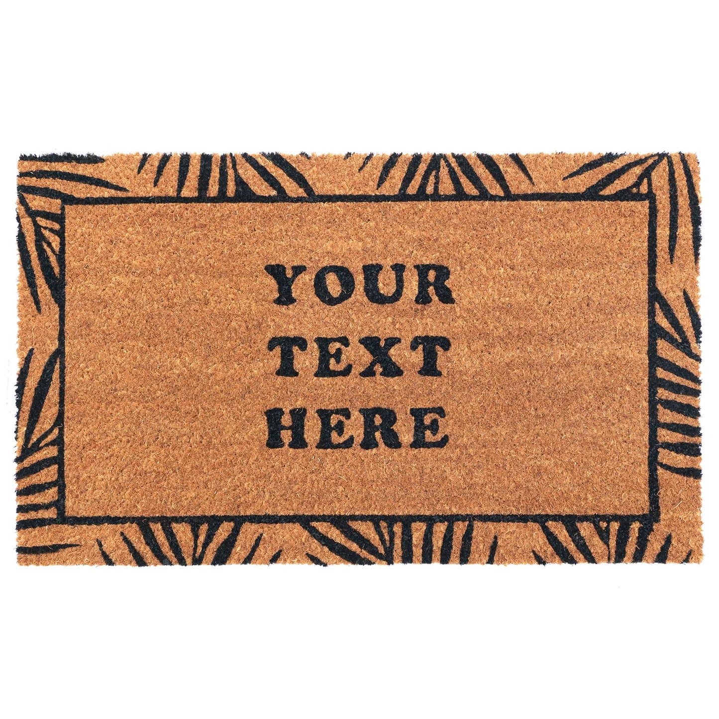 Personalized text doormat with natural coir fibers and leaf design border