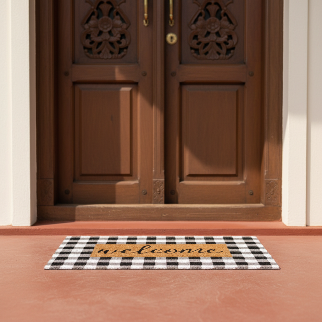 
                      
                        Black and white checkered doormat with 'welcome' text in front of a wooden door.
                      
                    