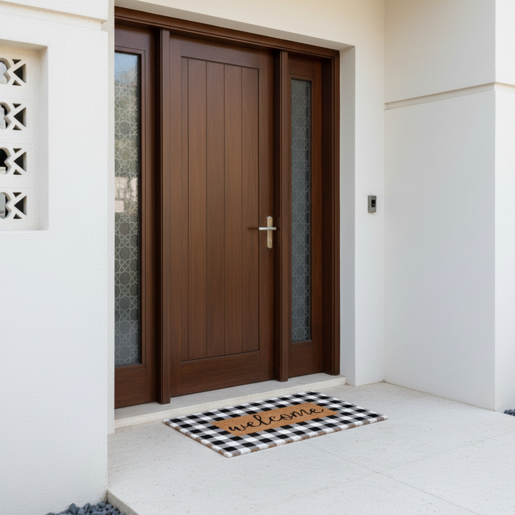 Brown front door with a plaid coir welcome doormat, glass panels on a white wall