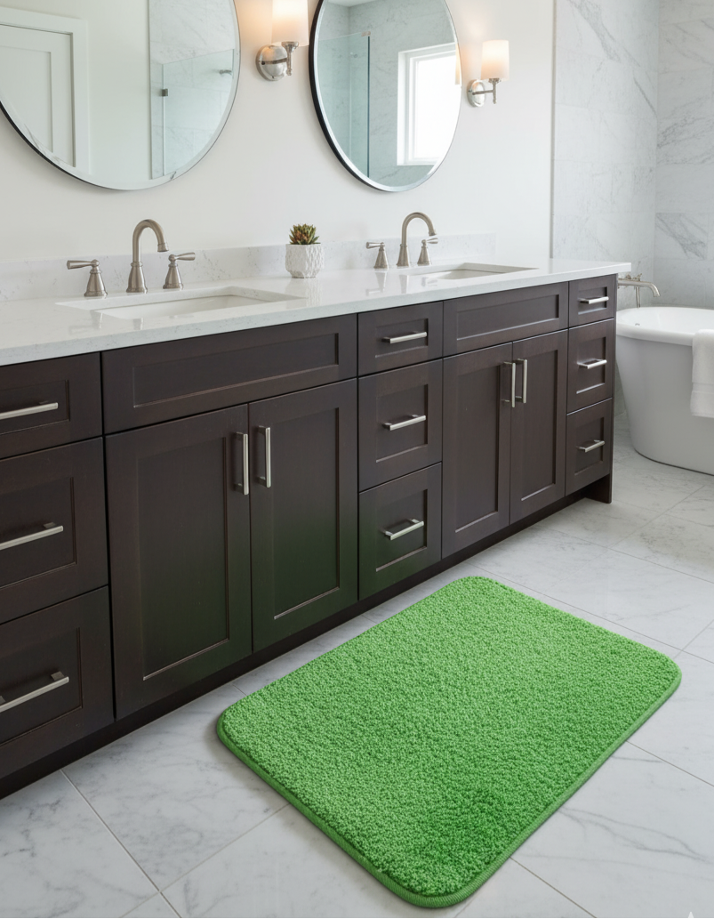
                      
                        Bathroom with dark wooden vanity, white countertop, and green rug.
                      
                    