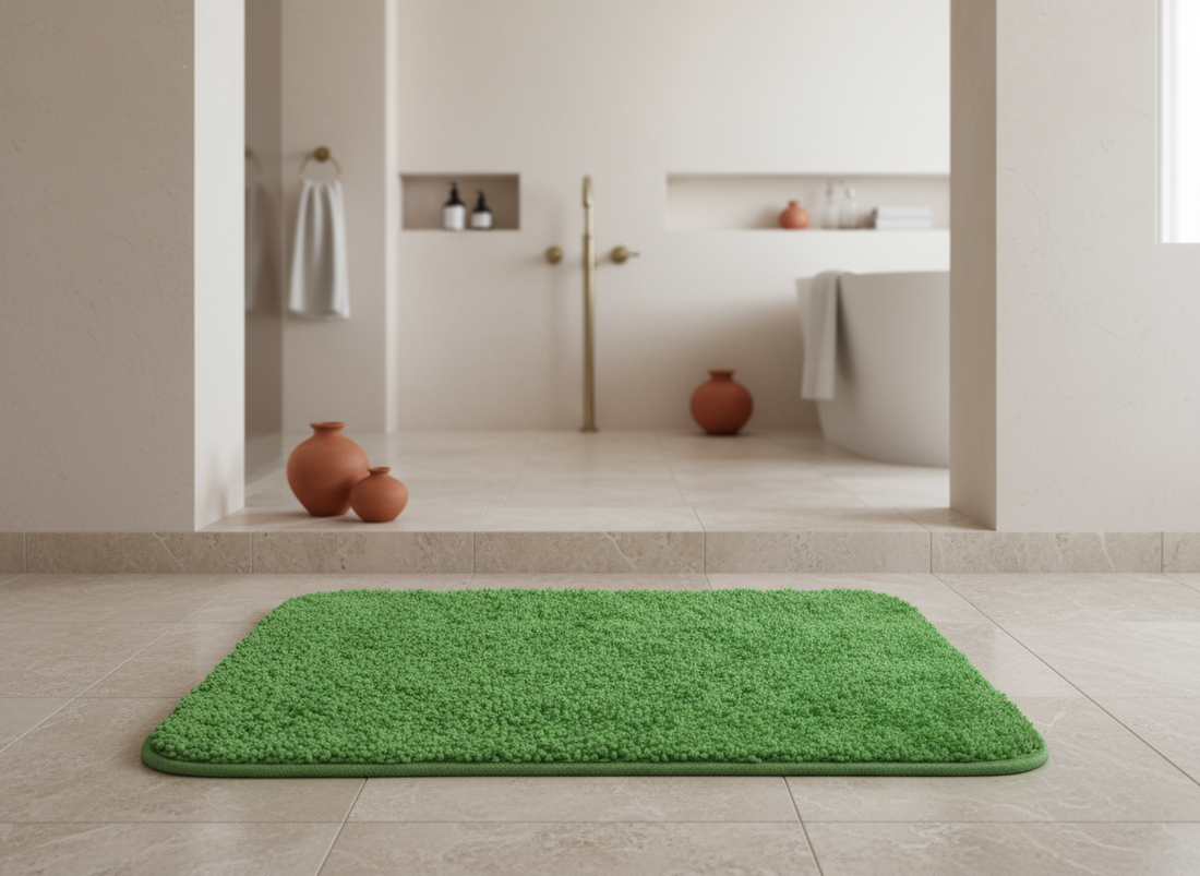 Green bath mat on a tiled bathroom floor with a blurred background