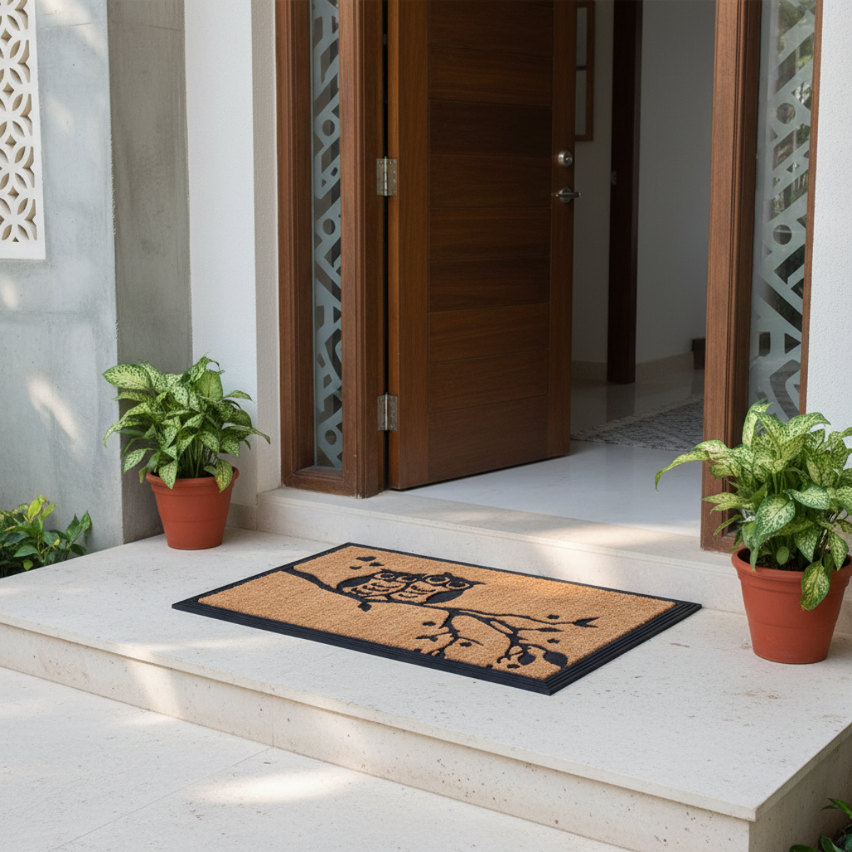Doormat with owl design on a white doorstep with potted plants