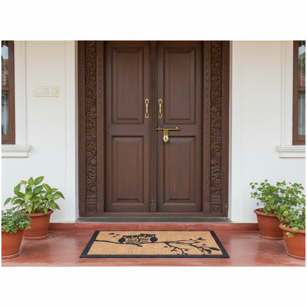 Wooden door with decorative carvings, gold handle, and doormat on a wooden floor with potted plants.